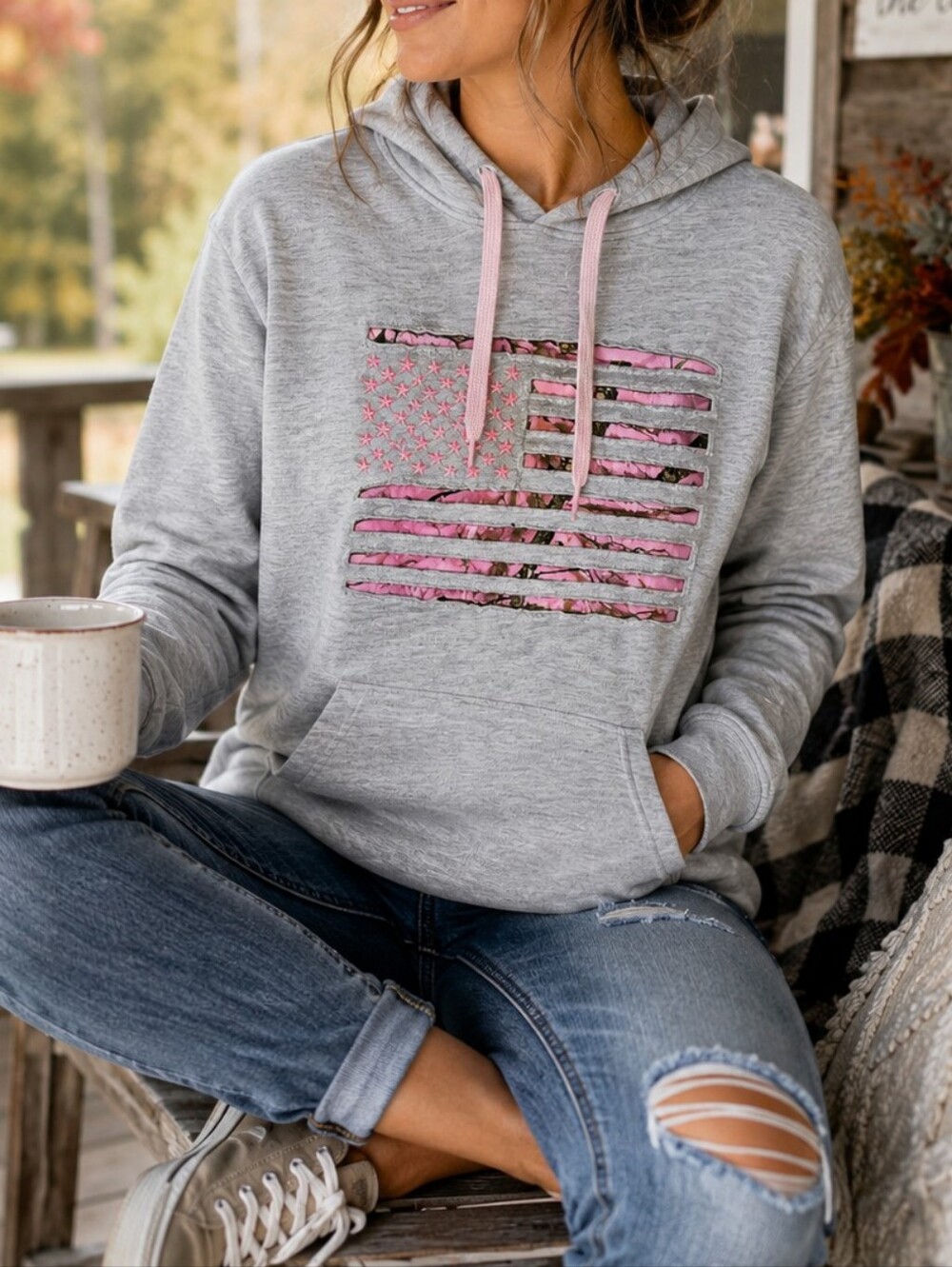Mossy Oak Pink Camo Flag Hoodie Pullover Sweatshirt Gray Outdoor Casual L
